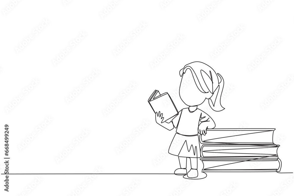 Poster continuous one line drawing girl standing reading a book while leaning against a pile of large books