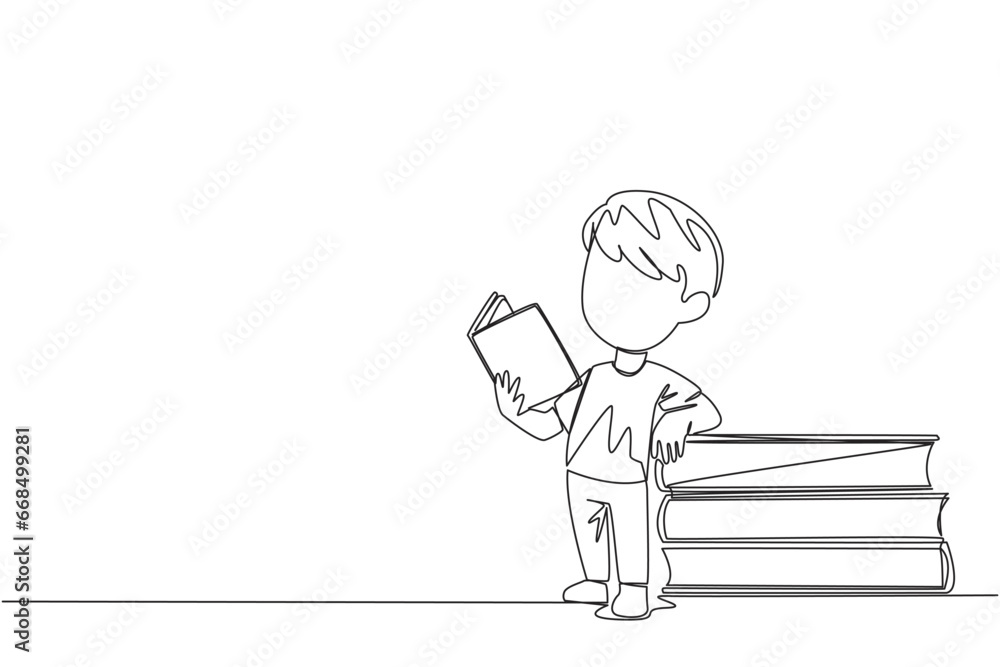 Poster continuous one line drawing boy standing reading a book while leaning against a pile of large books.