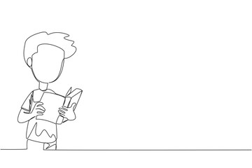 Single one line drawing boy focused on reading. Try to find answers to the tasks given. Seek more knowledge. Reading increases insight. Happy reading. Continuous line design graphic illustration