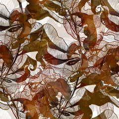 Winter bouquet: frozen dry leaves endless motif. Digital art and watercolour, ink texture. Seamless pattern for packaging, scrapbooking, textile. Modern art-deco. - 668499239
