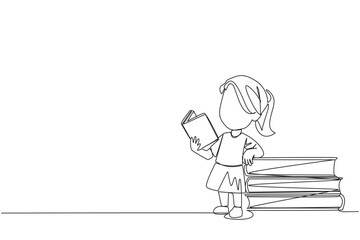 Continuous one line drawing girl standing reading a book while leaning against a pile of large books. Hobby of reading anywhere. Very happy when reading. Single line draw design vector illustration