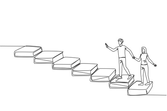 Continuous one line drawing man woman climb stairs from books. Reading increases knowledge which can increase the dignity of better life. Book festival concept. Single line design vector illustration