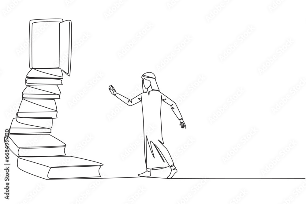 Poster single one line drawing arab man climb stairs from the book stack. towards the wide open door. metap
