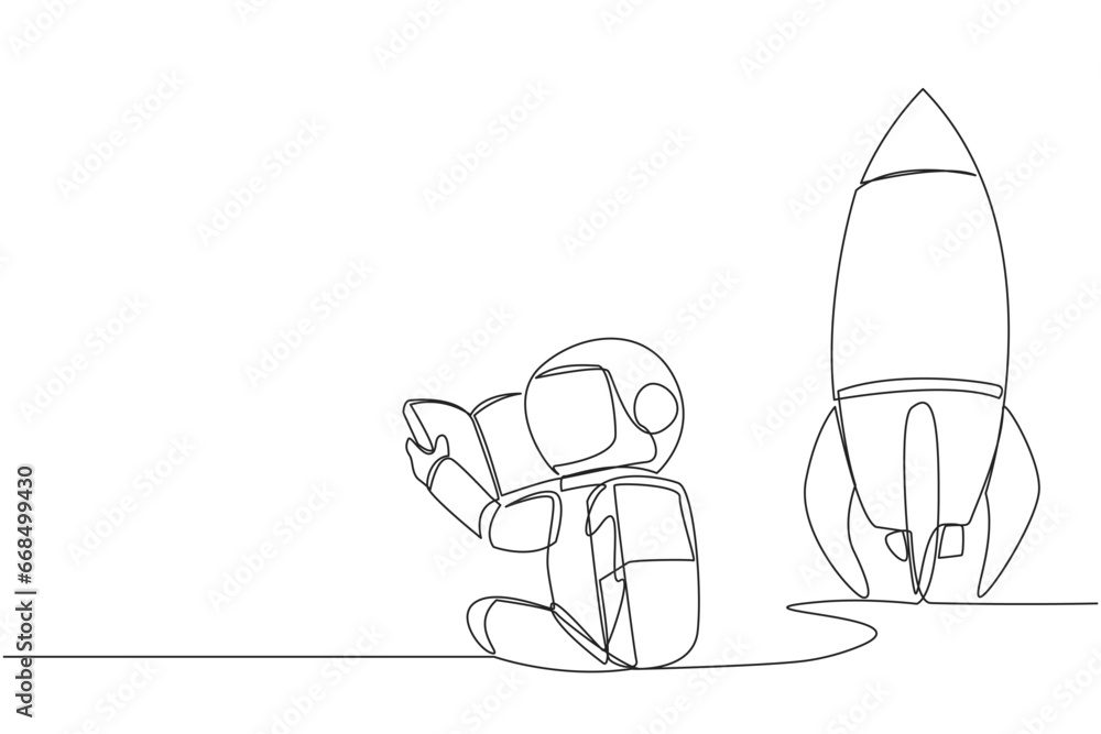 Poster continuous one line drawing sitting reading a book next to the rocket. read the complete guide befor
