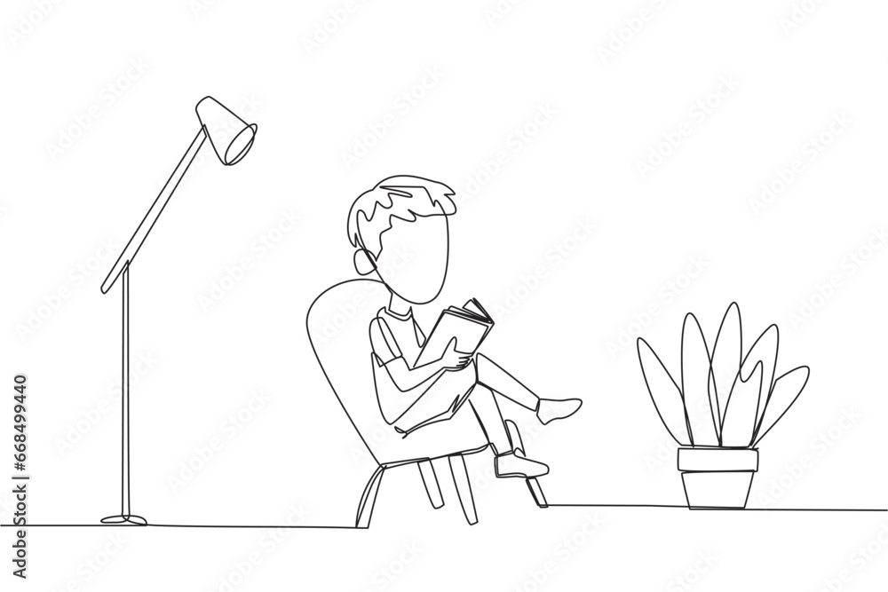 Poster single one line drawing smart boy sitting reading in a room with a reading lamp. spending school hol