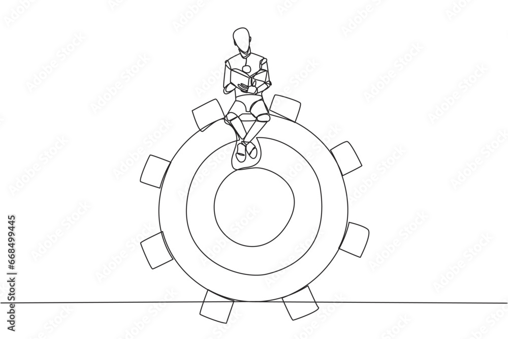 Poster single continuous line drawing robot artificial intelligence sitting on big gear. read several comma