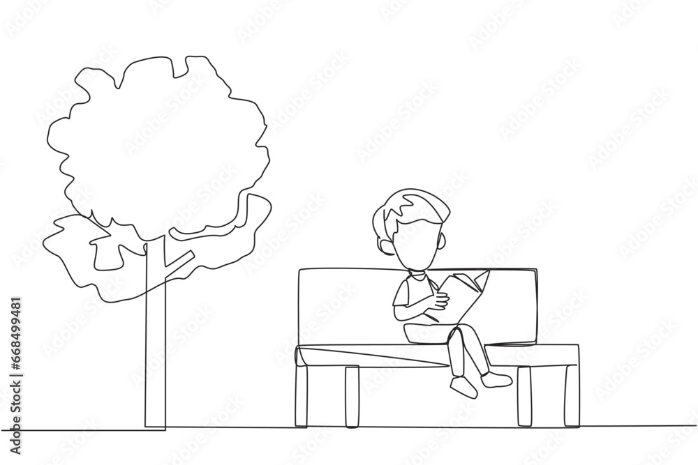Poster continuous one line drawing boy sitting on school park bench reading book. learn by rereading textbo