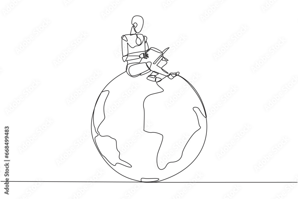 Poster single one line drawing smart robot sitting on big globe reading book. the metaphor of reading can r
