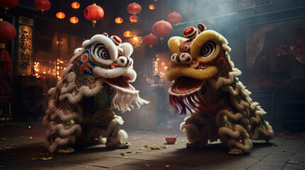 lion dance in Chinese cultures - obrazy, fototapety, plakaty