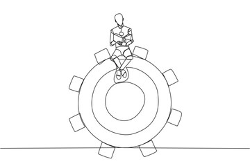 Obraz premium Single continuous line drawing robot artificial intelligence sitting on big gear. Read several commands to change robot intelligence level settings. Book festival. One line design vector illustration