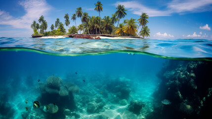 The South Pacific's clear sea, sandy beaches, and beautiful views under the water. Photo half submerged in water