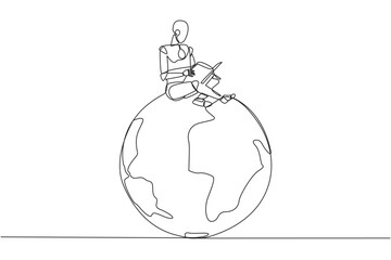 Single one line drawing smart robot sitting on big globe reading book. The metaphor of reading can reach the world. Read everywhere. Book festival concept. Continuous line design graphic illustration