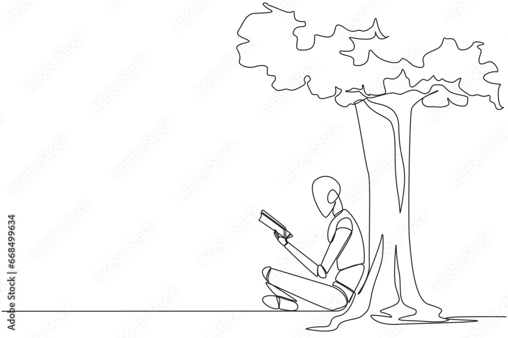 Poster continuous one line drawing robot sitting reading book under shady tree. continuing second volume of
