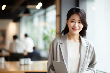 Naklejka premium Woman is seen holding laptop computer in her hands. This image can be used to illustrate concepts such as technology, work from home, remote work, or online communication.