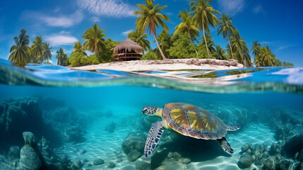 The South Pacific's clear sea, sandy beaches, and beautiful views under the water. Photo half...
