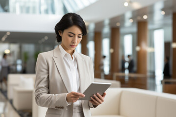 Woman in business suit using tablet computer. This image can be used to illustrate technology in workplace or modern business practices.