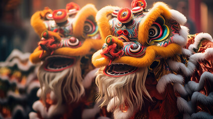 Close-up lion dance in Chinese cultures - obrazy, fototapety, plakaty