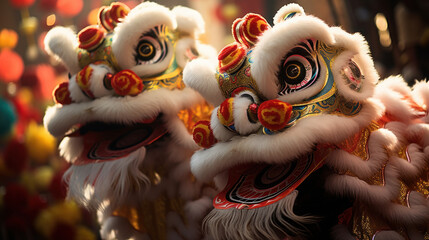 Close-up lion dance in Chinese cultures