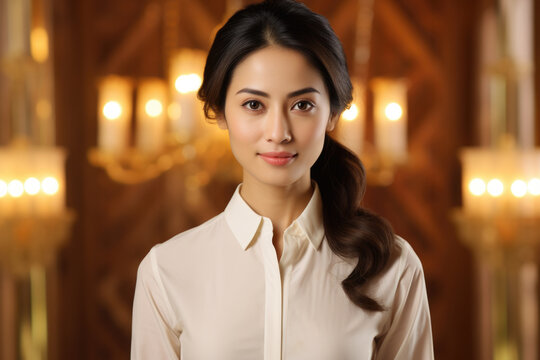 Picture of woman wearing white shirt standing next to chandelier. This image can be used to depict elegance, interior design, or fashion.