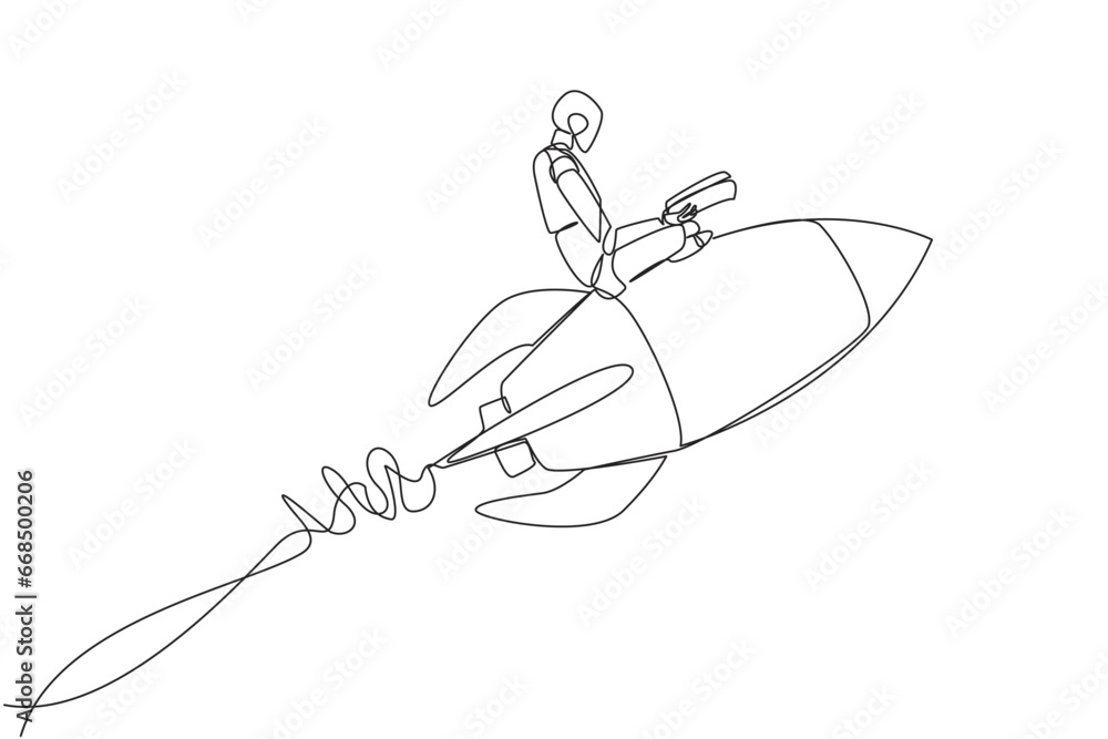 Aufkleber single continuous line drawing smart robotic flying on a rocket reading book. always reading books a