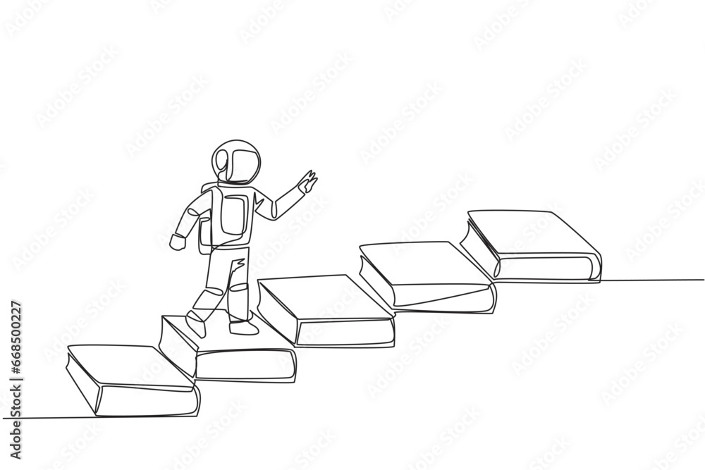 Aufkleber continuous one line drawing astronaut climb stairs from books. reading increases knowledge which can