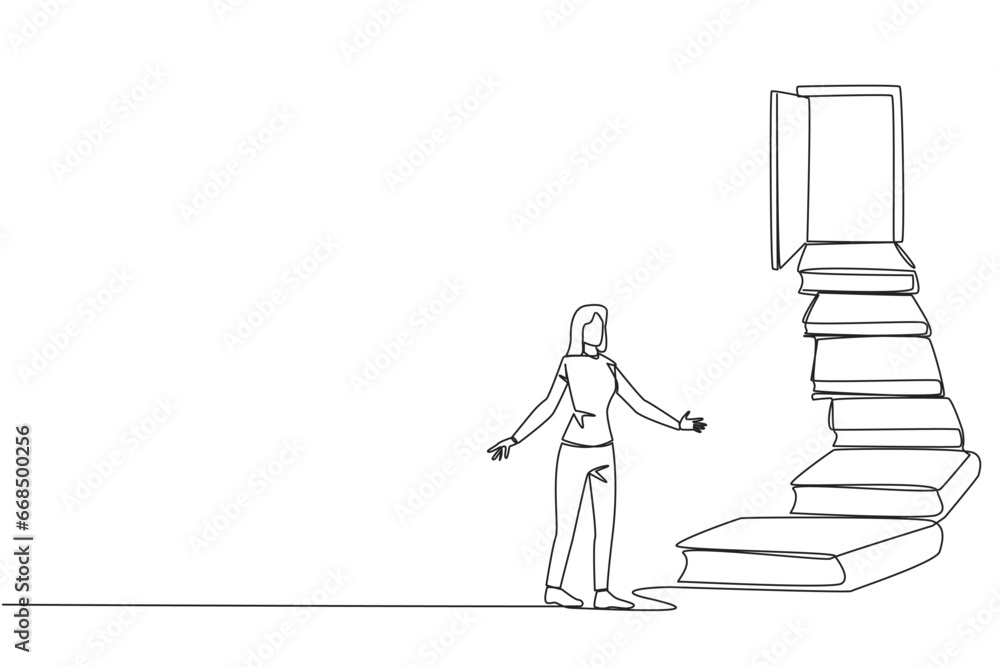 Poster single one line drawing woman climb the stairs from the book stack. towards the wide open door. meta
