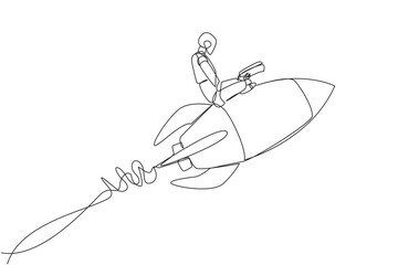 Single continuous line drawing smart robotic flying on a rocket reading book. Always reading books anywhere. The book inspires to become scientist. Book festival. One line design vector illustration