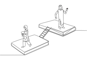 Single one line drawing Arab man woman walking on books. Book exhibition concept. Display many books, scientific book to fiction story book. Book festival. Continuous line design graphic illustration