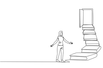 Single one line drawing woman climb the stairs from the book stack. Towards the wide open door. Metaphor of finding the answers from books. Book festival. Continuous line design graphic illustration - obrazy, fototapety, plakaty
