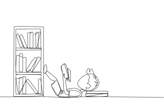 recommend clip art: Single one line drawing boy lying on back reading fiction story book near bookshelf. Read slowly to enjoy the storyline. Hobby reading. Very good habit. Continuous line design graphic illustration