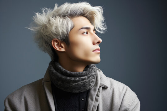 Picture of man with white hair wearing scarf. This image can be used to depict stylish senior or fashionable winter outfit.