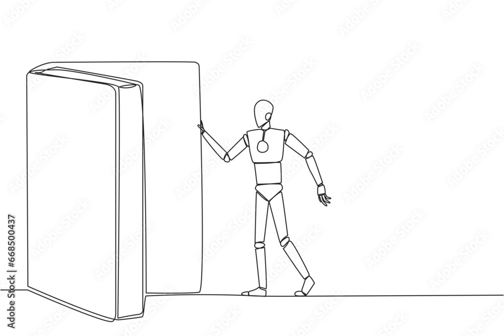 Poster single one line drawing robot open the book-shaped door. book can open mind and see everywhere. incr