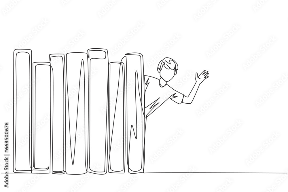 Poster continuous one line drawing man appears from behind a row of books. invitation to read books at the 