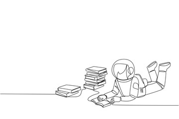 Single continuous line drawing astronaut really likes reading. Everyday one book is read. Good habit. There is no day without reading book. Book festival concept. One line design vector illustration