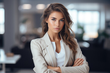 Professional woman in business suit standing confidently with her arms crossed. This image can be used to convey power, confidence, professionalism, and leadership.