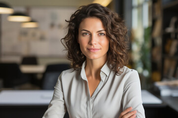 Fototapeta premium Woman wearing white shirt stands confidently with her arms crossed. This versatile image can be used to portray confidence, professionalism, or determination in various projects.