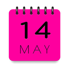 14 day of the month. May. Pink calendar daily icon. Black letters. Date day week Sunday, Monday, Tuesday, Wednesday, Thursday, Friday, Saturday. Cut paper. White background. Vector illustration.