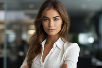 Obraz premium Woman in white shirt striking pose for photograph. This image can be used for various purposes, such as fashion, lifestyle, or professional photography.