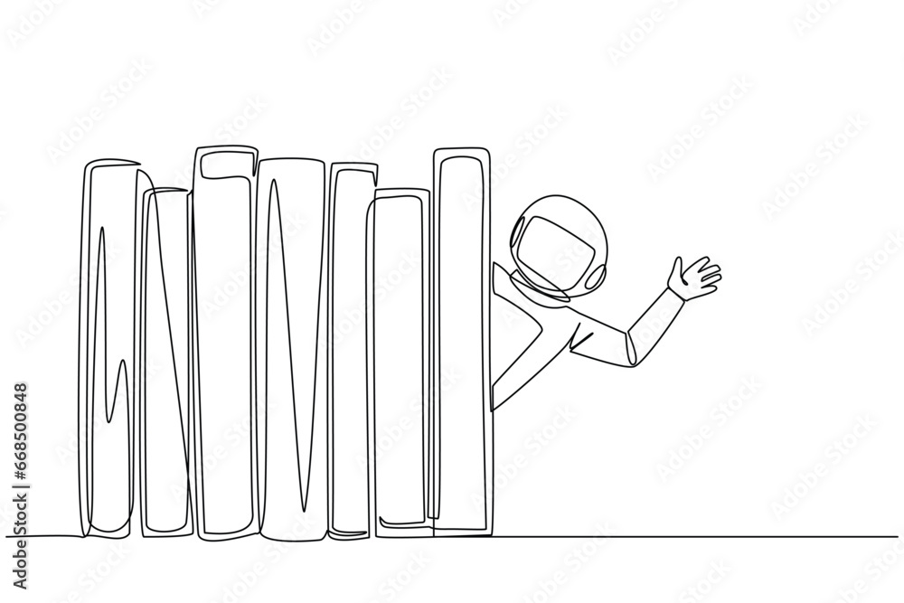 Poster continuous one line drawing astronaut appears from behind a row of books. invitation to read books a