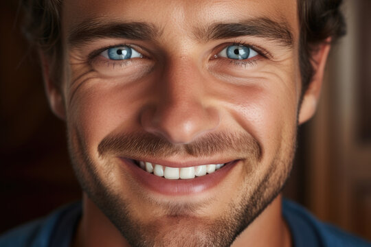 Close-up photograph capturing smiling face of man with striking blue eyes. This image is perfect for variety of projects and can be used to convey positivity, happiness, and confidence.