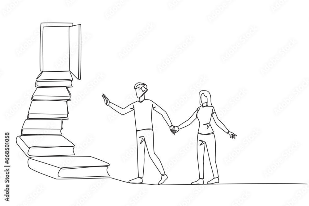 Poster single one line drawing man woman climb the stairs from the book stack. towards the wide open door. 