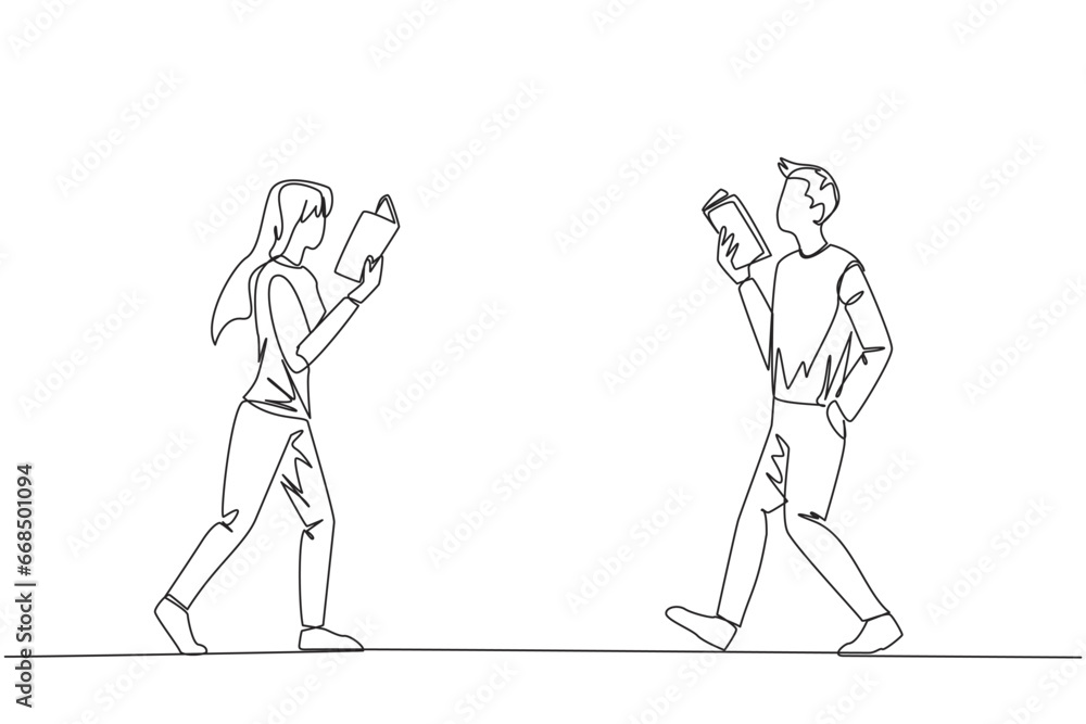 Wall mural single continuous line drawing man and woman walking face to face reading books. gesture of memorizi