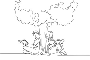 Single one line drawing Arab man woman sitting reading book under shady tree. Continuing second volume of fiction story book. Enjoy reading. Book festival. Continuous line design graphic illustration