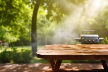 Fototapeta premium Wooden table with grill in background. Perfect for outdoor cooking and barbecues.