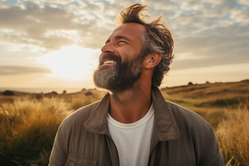 Man with beard is captured in joyful moment, smiling brightly in beautiful field. Happiness, positivity, and sense of freedom. Perfect for lifestyle, nature, and wellness-related projects.