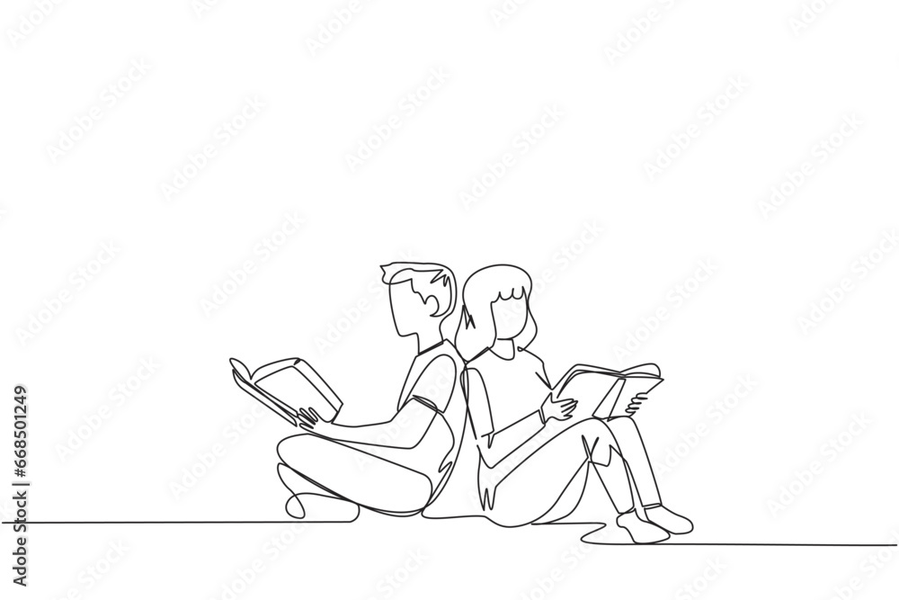 Poster continuous one line drawing man woman sitting while reading the book. reading the books to learn. th