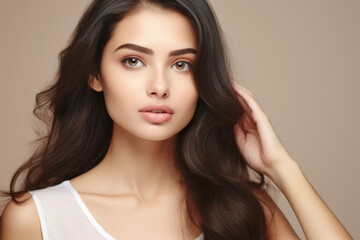 Fototapeta premium Stunning image of young woman with long dark hair. Perfect for beauty and fashion related projects.