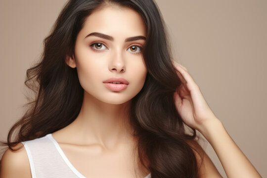 Stunning image of young woman with long dark hair. Perfect for beauty and fashion related projects.