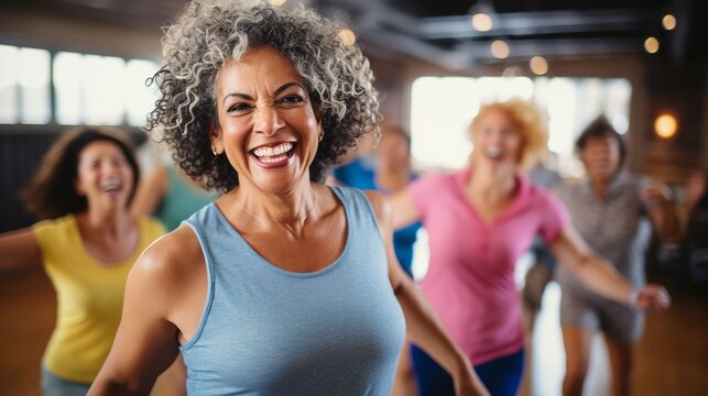 realistic photo of middle-aged women dancing in a modern dance studio, with a clear focus on their energetic Zumba moves. Their candid expressions should convey the fun