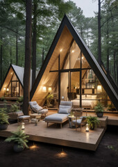 Fototapeta premium a-frame house in nature, glamping, hotel, recreation center, modern architecture, stylish building, guest house, villa, triangular, pyramidal, glass, garden, wood